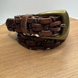 Express Vintage Brown Woven Italian Leather Belt Brass Buckle Size Medium‎ 29"
